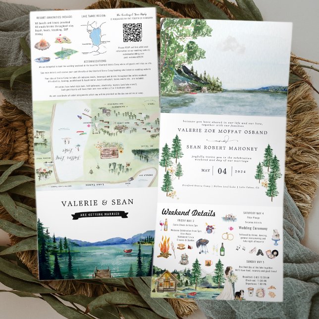 Invitation Trois Volets Station de camping Lakeside | Mariage illustré (Créateur téléchargé)