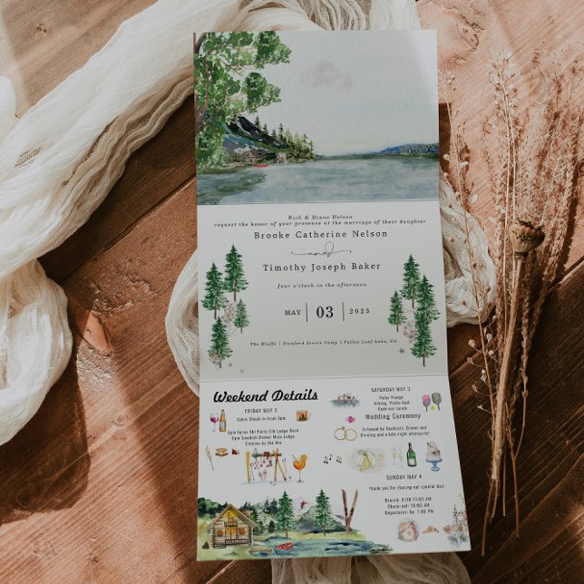 Invitation Trois Volets Station de camping Lakeside | Mariage illustré (Créateur téléchargé)