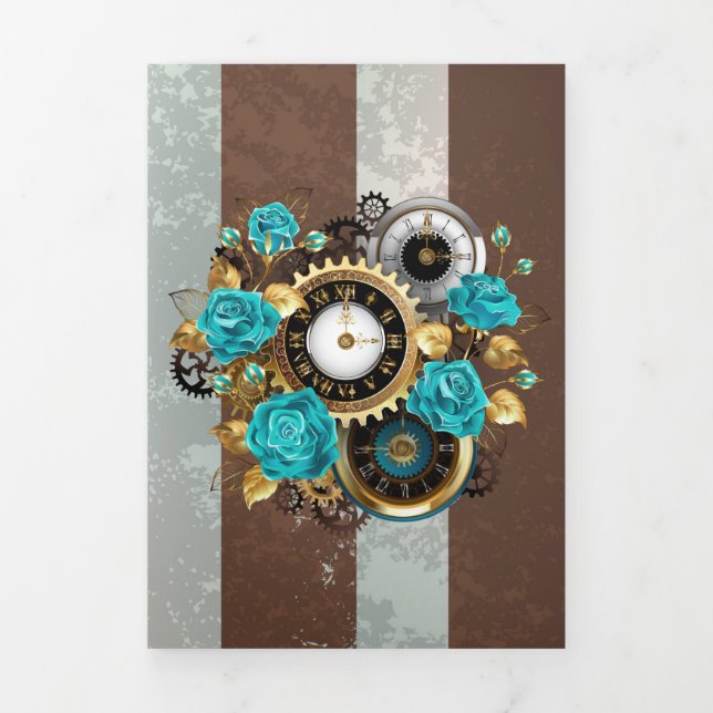 Invitation Trois Volets Steampunk Clock and Turquoise Roses on Striped (Page de couverture)