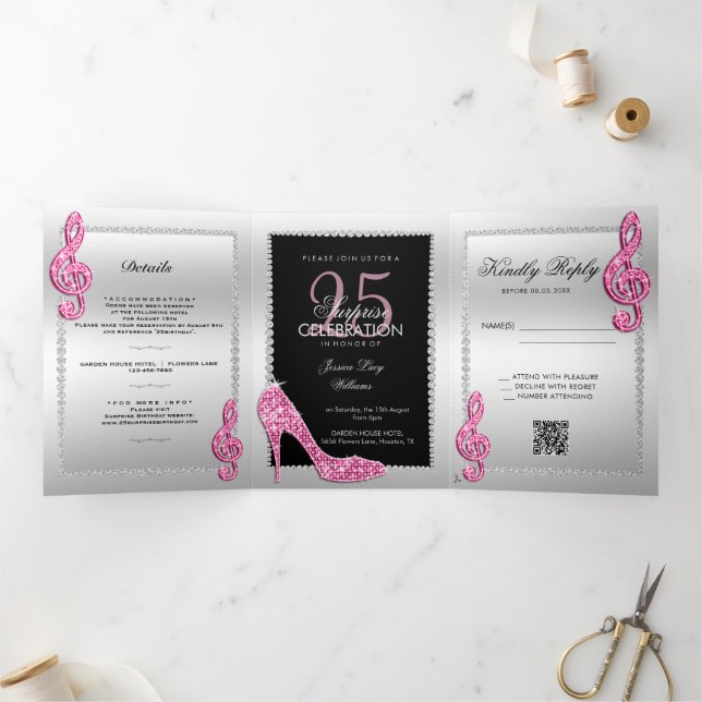 Invitation Trois Volets Stiletto, Photo, QR Code 25e anniversaire surprise (Intérieur)