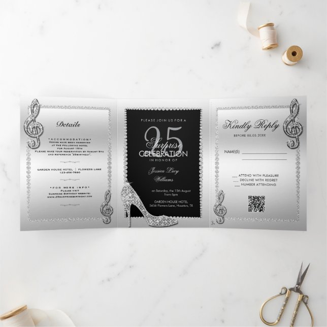 Invitation Trois Volets Stiletto, Photo, QR Code 25e anniversaire surprise (Intérieur)