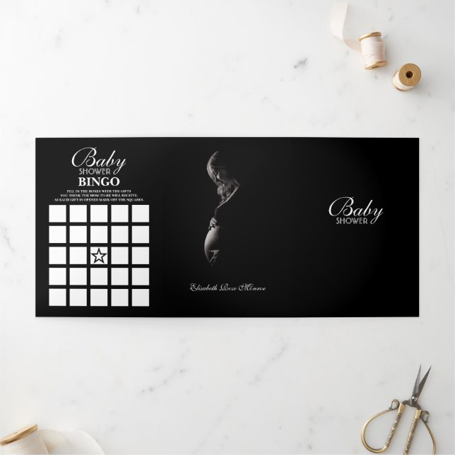 Invitation Trois Volets Suite Baby shower simple blanc et noir (Extérieur)