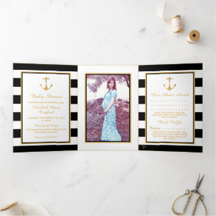 Invitation Trois Volets Suite de Baby shower en bande noire et blanche Anc