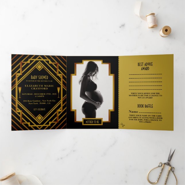 Invitation Trois Volets Suite de Baby showers Gatsby Gold 2020 (Intérieur)