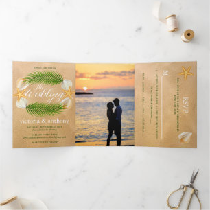 Invitation Trois Volets Suite de mariage de plage de sable de la couronne