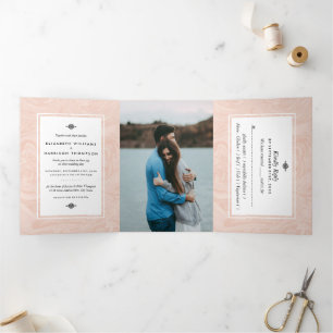 Invitation Trois Volets Suite de mariage élégante et vintage Rose Marbrée