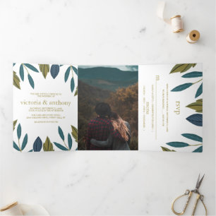 Invitation Trois Volets Suite de Mariage Floral Feuille Rustique