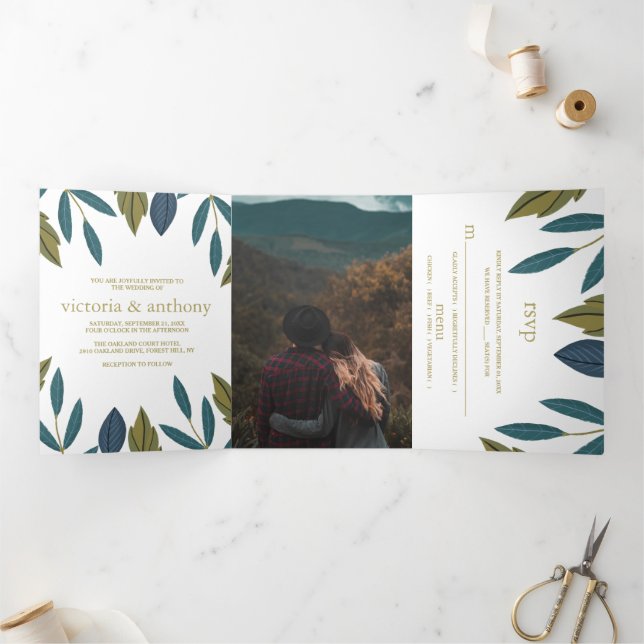 Invitation Trois Volets Suite de Mariage Floral Feuille Rustique (Intérieur)