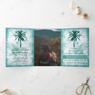 Invitation Trois Volets Suite de mariage Tropical Palm Tree Beach
