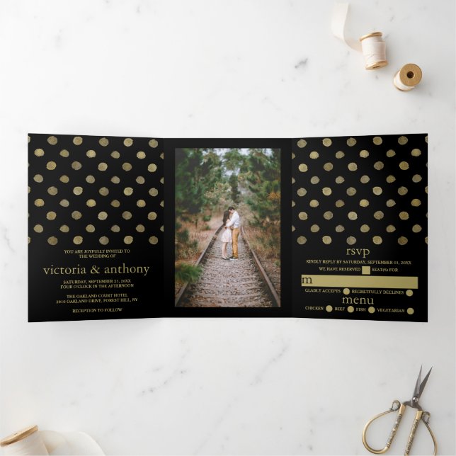 Invitation Trois Volets Suite de Mariages Pois Black & Gold moderne (Intérieur)