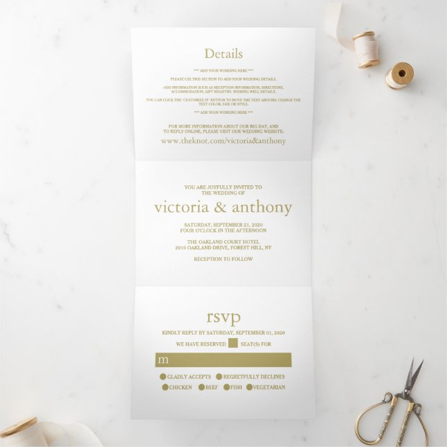Invitation Trois Volets Suite moderne blanche et Mariage or (Intérieur)