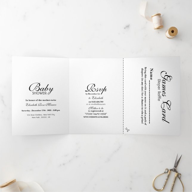 Invitation Trois Volets Suite simple de Baby shower noir et blanc (Intérieur)