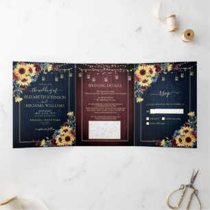 Invitation Trois Volets Sunflower Navy Bleu Bourgogne Bois Mariage Floral