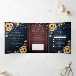Invitation Trois Volets Sunflower Navy Bleu Bourgogne Bois Mariage Floral