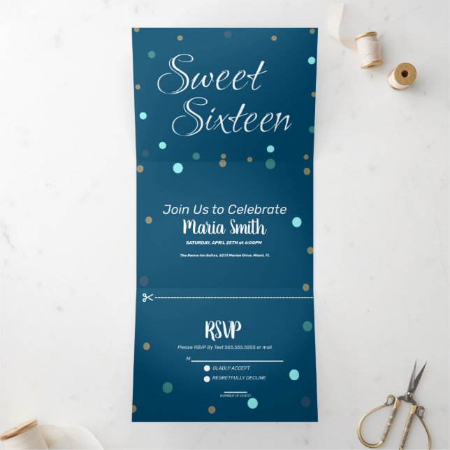 Invitation Trois Volets Sweet 16 Moderne Or Gold Bleu Points (Intérieur)