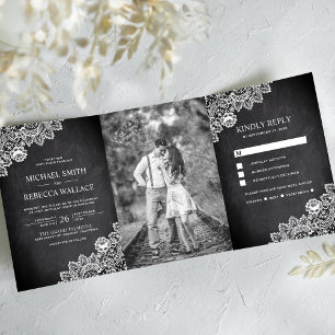 Invitation Trois Volets Tableau de mariage à la craie noire en dentelle bl