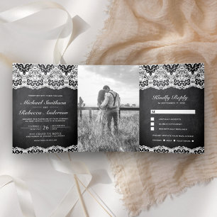 Invitation Trois Volets Tableau noir Dentelle de pays tout en un Mariage