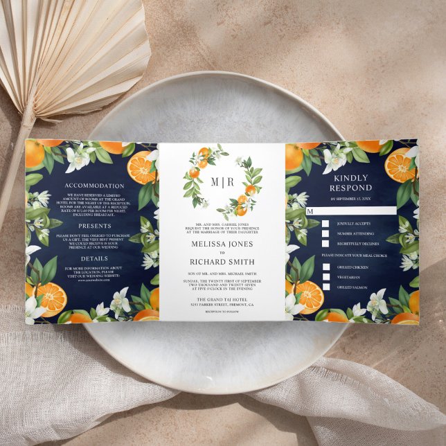 Invitation Trois Volets Tangerine Citrus Orange tout en un Mariage de mari (Créateur téléchargé)