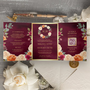 Invitation Trois Volets Terme couronne florale QR Code Mariage Bourgogne