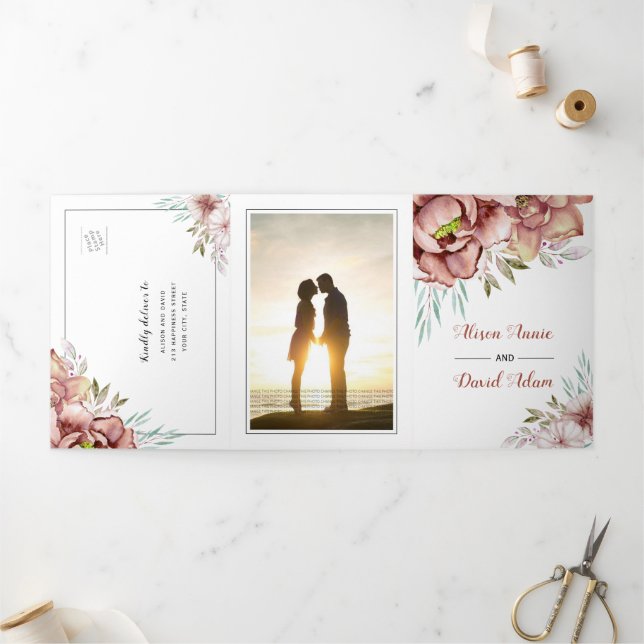 Invitation Trois Volets Terracotta aquarelle fleurs florales photo mariage (Extérieur)