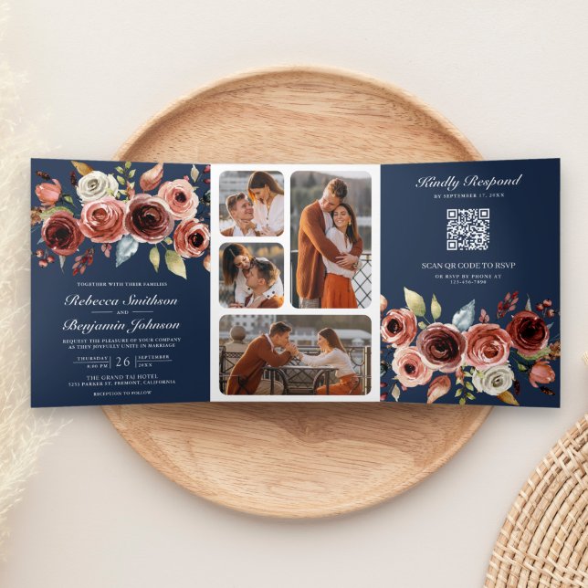 Invitation Trois Volets Terracotta Aquarelle Floral QR Code Marine Mariage (Créateur téléchargé)