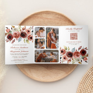Invitation Trois Volets Terracotta Aquarelle Florale Photo QR Code Mariage