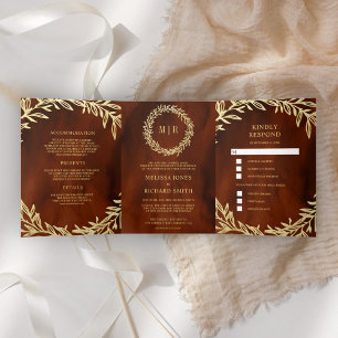 Invitation Trois Volets Terracotta Branche Feuille d'Or Tout en Un Mariage