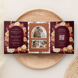 Invitation Trois Volets Terracotta Citrouille Floral QR Code Mariage Bourg