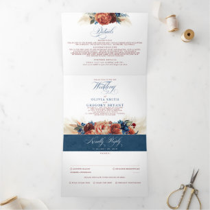 Invitation Trois Volets Terracotta et Marine Bleu Elegant Mariage Boho