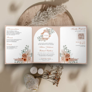 Invitation Trois Volets Terracotta Floral Boho Pampas QR Code Mariage