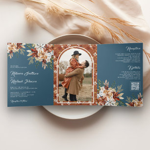 Invitation Trois Volets Terracotta Floral Fleur sauvage Dusty Blue Mariage