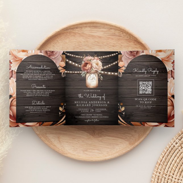 Invitation Trois Volets Terracotta Floral Mason Jar Wood QR Code Mariage (Créateur téléchargé)