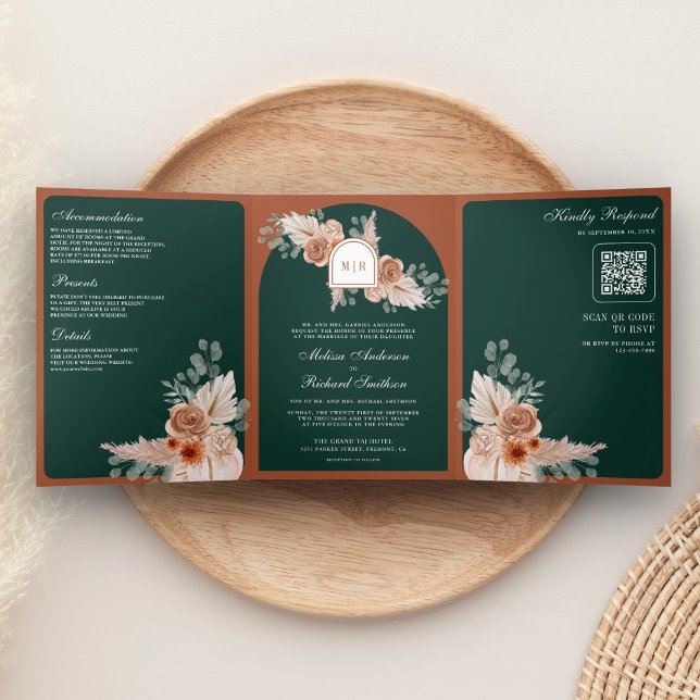 Invitation Trois Volets Terracotta Floral Pampas Emerald QR Code Wedding (Créateur téléchargé)