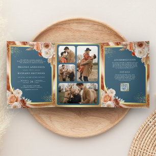 Invitation Trois Volets Terracotta Floral Pampas Gold Dusty Mariage bleu