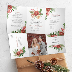 Invitation Trois Volets Terracotta Foliage de Noël Floral Mariage d'hiver
