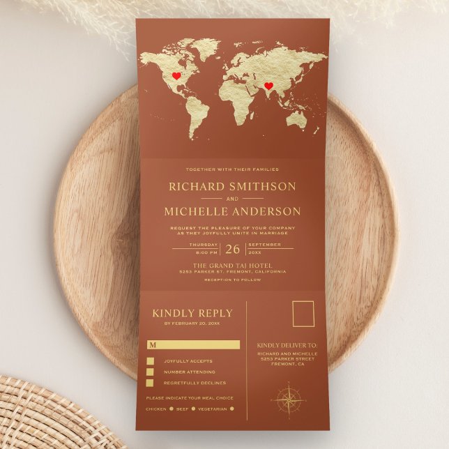 Invitation Trois Volets Terracotta Gold World Map All in One Wedding (Créateur téléchargé)
