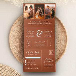 Invitation Trois Volets Terracotta Minimal 3 en 1 Mariage Collage Photo