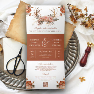 Invitation Trois Volets Terrain Terracotta Floral Antlers QR Code Mariage