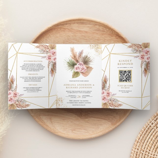 Invitation Trois Volets Terrarium Pampas Roses Rose Poussiéreuse Code QR M (Créateur téléchargé)