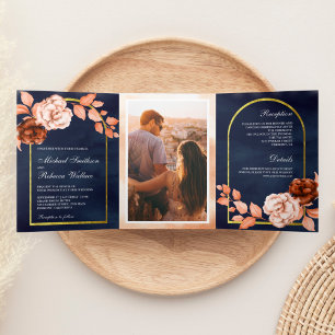Invitation Trois Volets Terre cuite florale aquarelle marine mariage terre