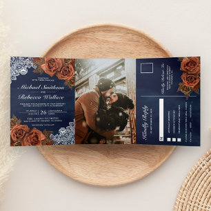Invitation Trois Volets Terre rustique Terracotta poussiéreuse Rose Navy M