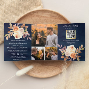 Invitation Trois Volets Terreux Ivoire Floral Bleu Nuit Code QR Mariage