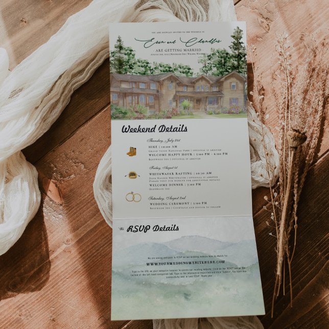 Invitation Trois Volets Teton Mountains rustiques | Mariage illustré  (Créateur téléchargé)