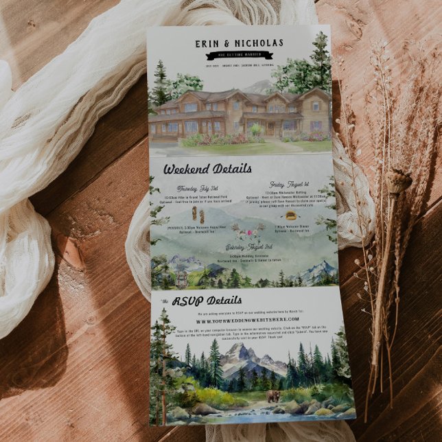 Invitation Trois Volets Teton Mountains rustiques | Mariage illustré (Créateur téléchargé)