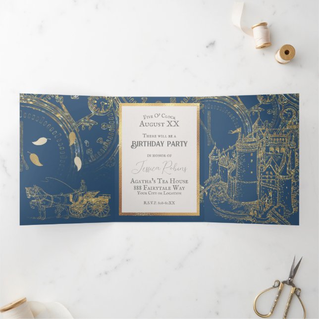 Invitation Trois Volets Thème de conte de fées Château Carrosse Or et Bleu (Intérieur)