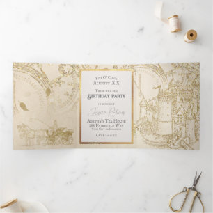 Invitation Trois Volets Thème de conte de fées Château Carrosse Paillettes