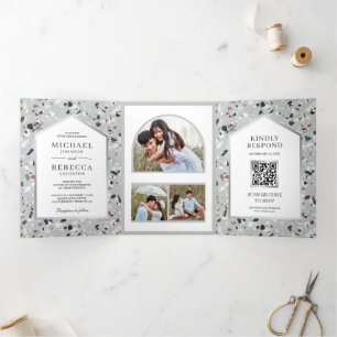 Invitation Trois Volets Tile Gris Terrazzo Photo QR Code Mariage