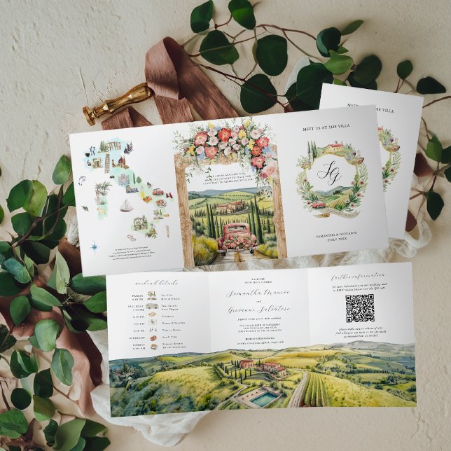 Invitation Trois Volets Toscane Italie | Mariage illustré (Créateur téléchargé)