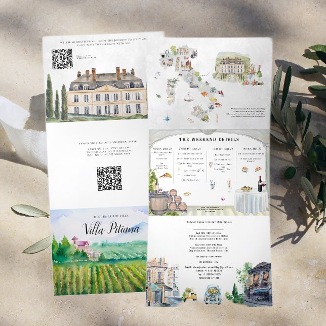 Invitation Trois Volets Toscane Italie | Mariage illustré (Créateur téléchargé)