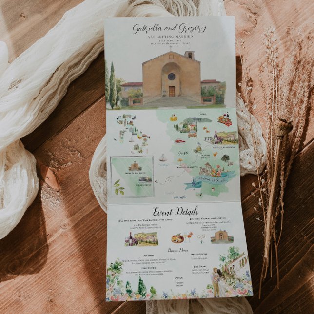 Invitation Trois Volets Toscane Italie | Mariage illustré (Créateur téléchargé)